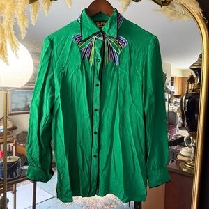 Bob Mackie Wearable Art Green Button Up 100% Silk Green Vintage Blouse with Bow